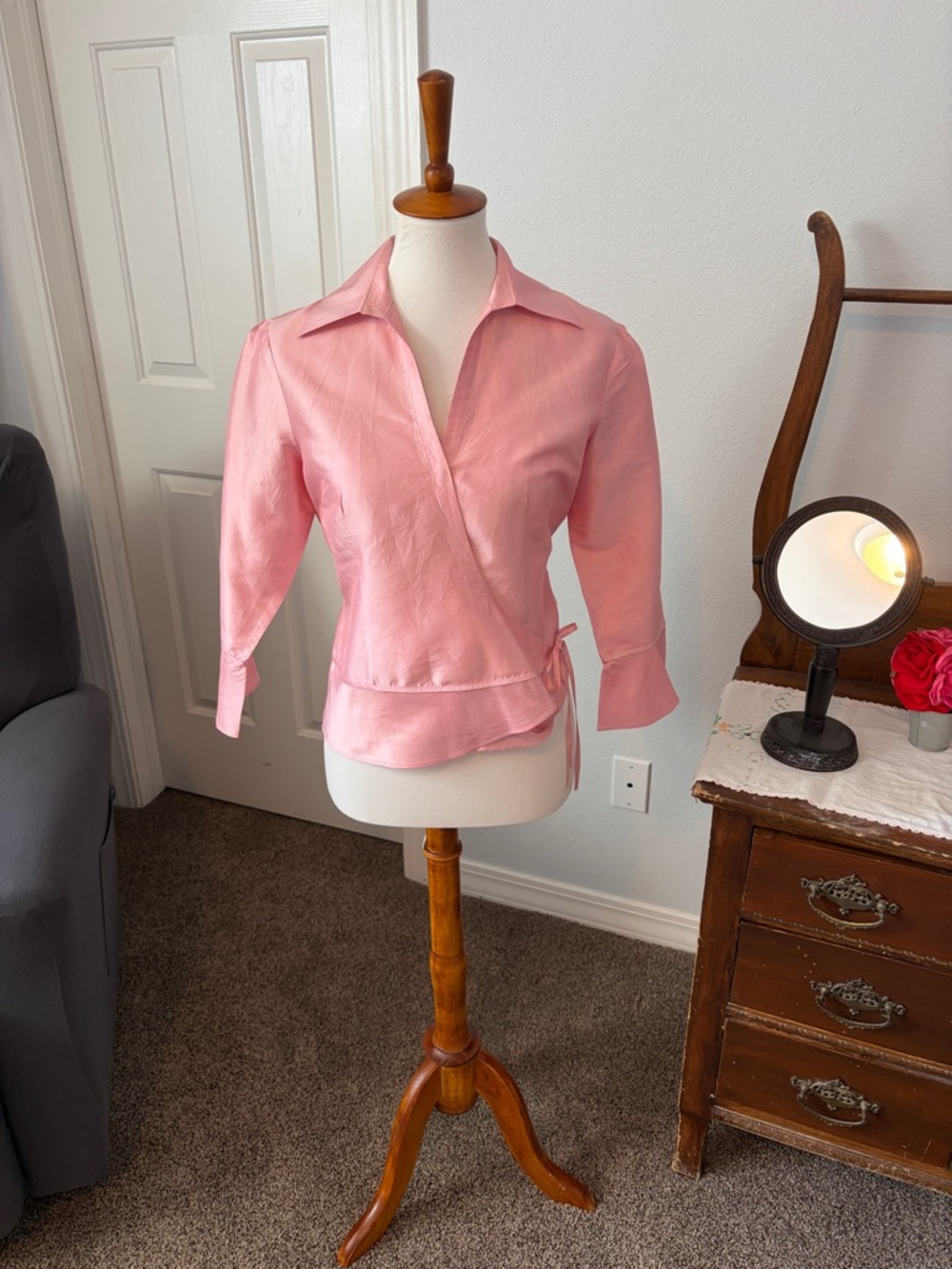 100% silk Pink Wrap Blouse - Women's Collared Top